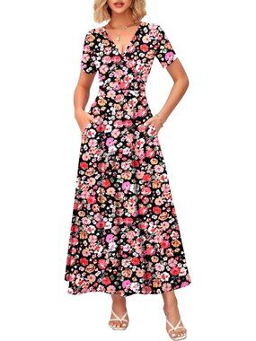Women's Red Black Summer Maxi Dress Wrap V Neck Elegant Long Dress Short Sleeve